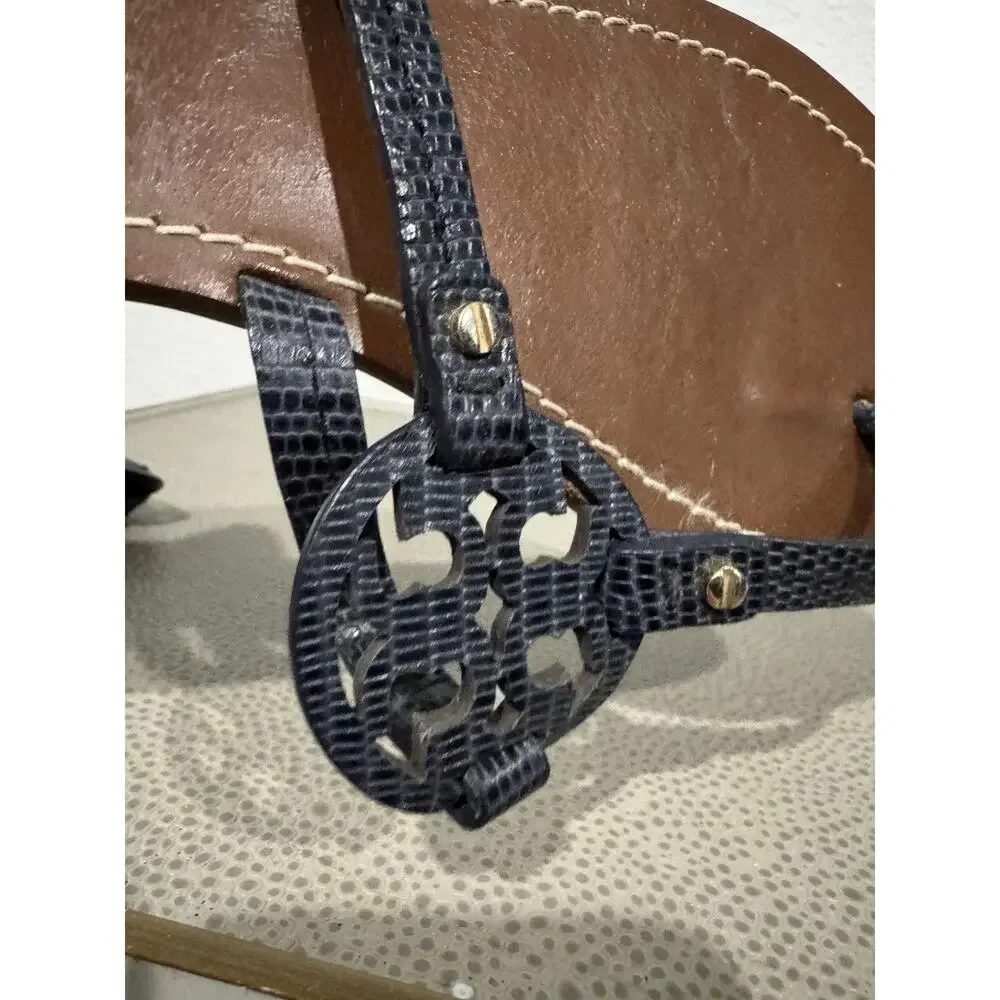 Tory Burch Women's Gabriel Veg Leather Flat Thong Perfect Blue Sz 7 M